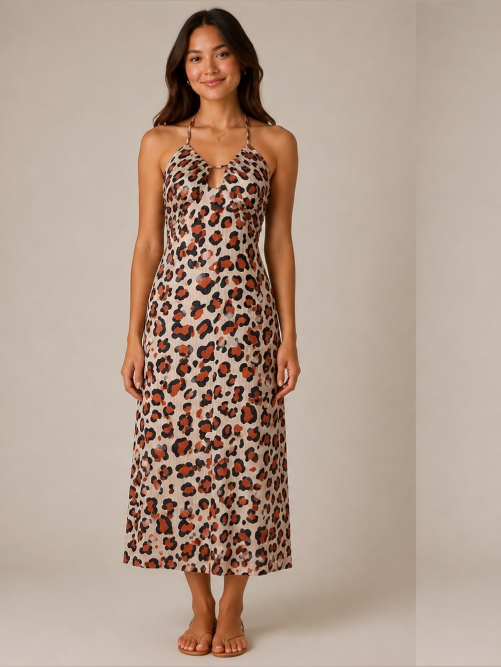 Goa Goa Leopard Print Halter Open Back Animal Print Midi Dress Size Medium